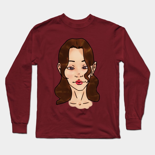 Pretty Asian Girl With Brown Hair And Red Lips Portrait Art Long Sleeve T-Shirt by Lillama Sketch